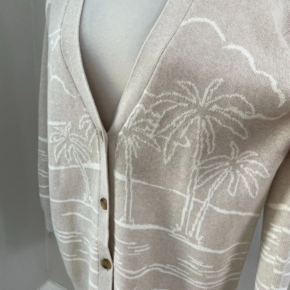 Lands End Womens Medium Beige‎ Cardigan Palm Tree Cotton Button Up Sweater